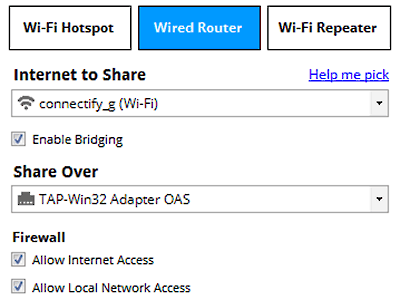 Раздача интернета в «проводном» режиме в Connectify Hotspot